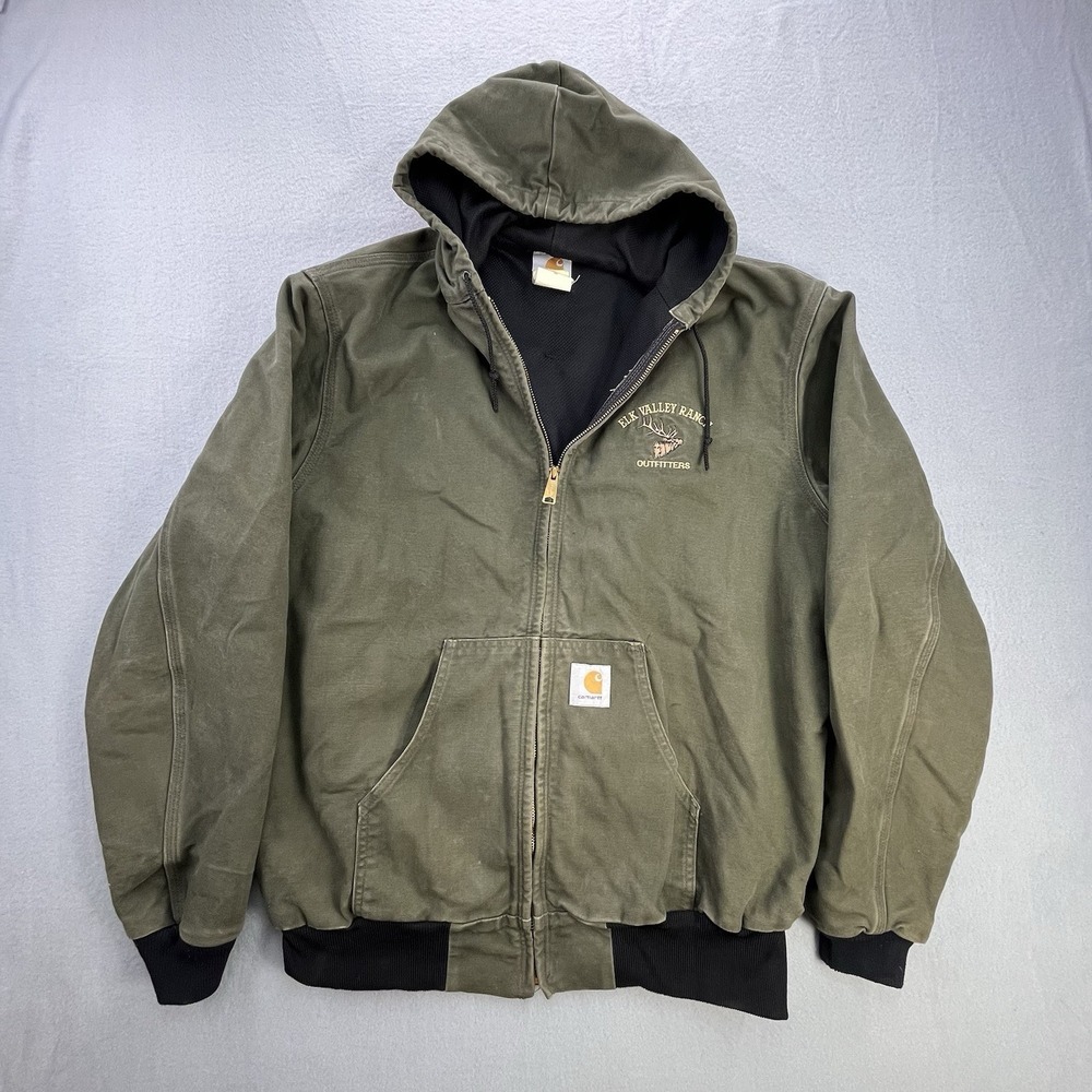 Vintage Carhartt Jacket Size XL Green J03 GRN Thermal Lined Hooded Elk Logo